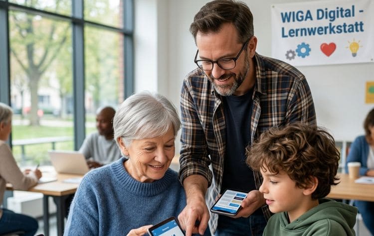 Digitale Kompetenz: Menschen lernen gemeinsam den sicheren Umgang mit Handy und digitalen Anwendungen.