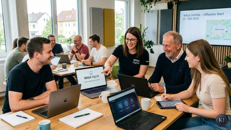 Menschen verschiedener Generationen arbeiten gemeinsam in einem modernen Seminarraum von WIGA Digital. Mehrere Teilnehmer nutzen Laptops und Tablets, während eine Mitarbeiterin Inhalte auf einem Bildschirm erklärt. Im Hintergrund ist der offizielle Start von WIGA Digital mit Datum und Standort sichtbar.