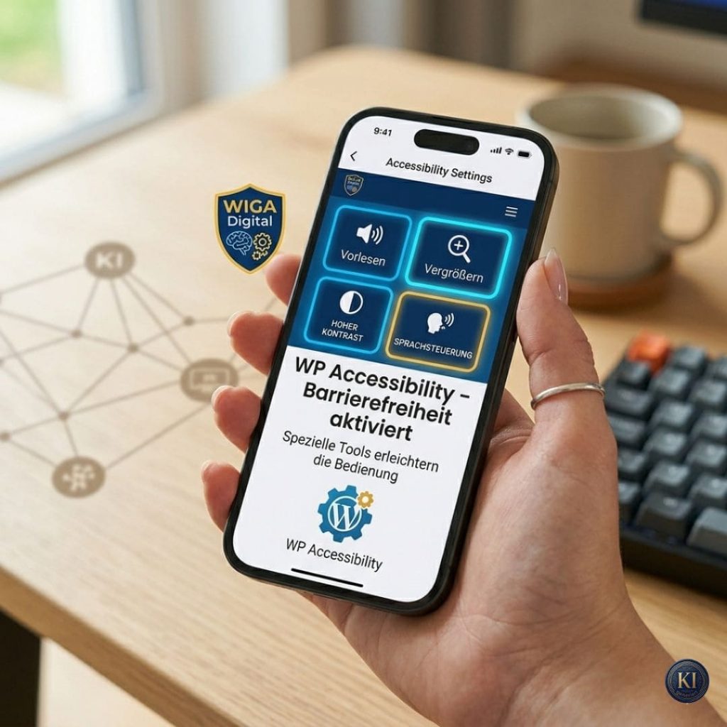 Hand hält ein Smartphone mit aktivierten Barrierefreiheits-Funktionen von WIGA Digital. Auf dem Bildschirm sind Optionen wie Vorlesen, Vergrößern, hoher Kontrast und Sprachsteuerung sichtbar. Das Bild symbolisiert digitale Barrierefreiheit und einfache Bedienung für Menschen mit unterschiedlichen Bedürfnissen.