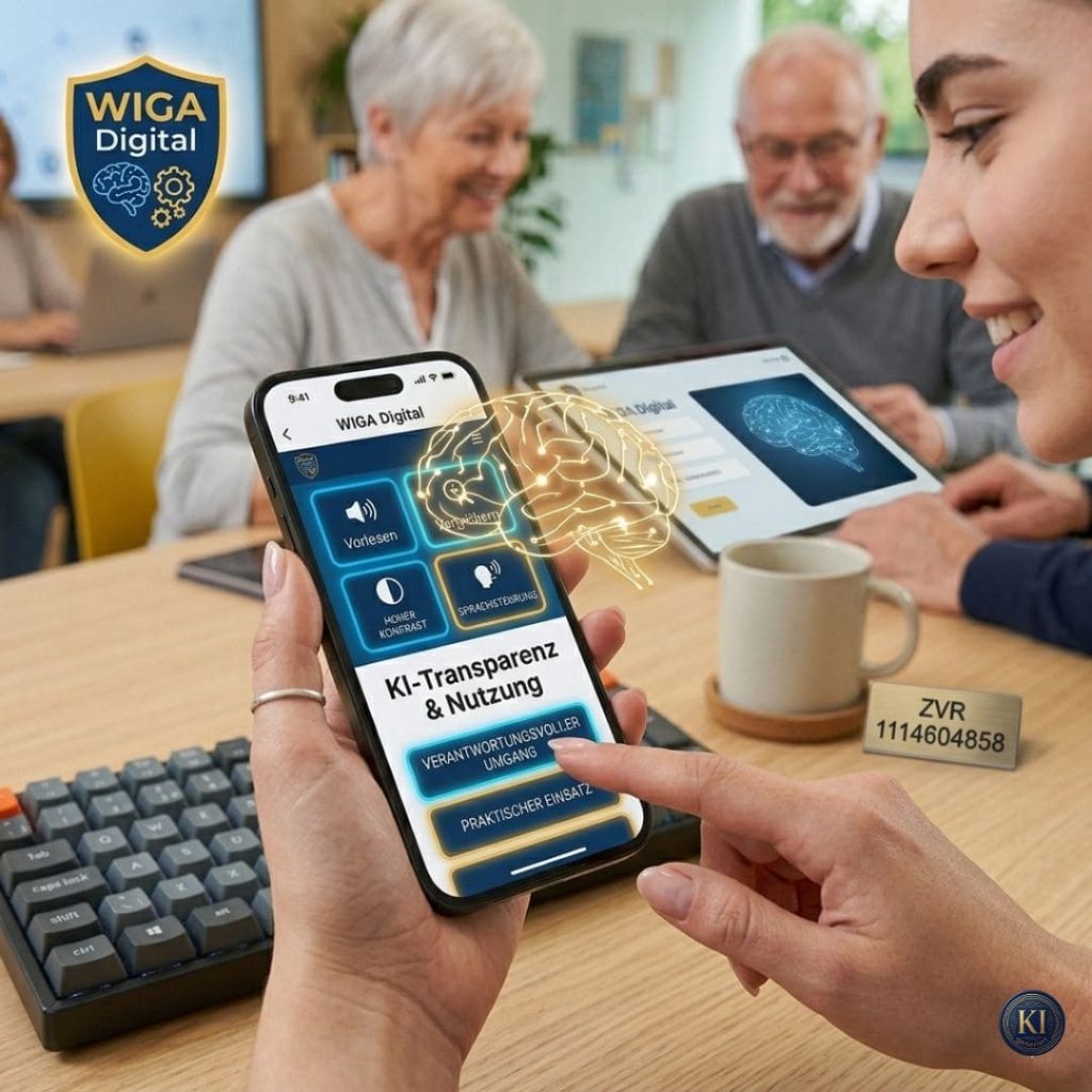 Junge Frau bedient ein Smartphone mit Funktionen zu KI-Transparenz und verantwortungsvoller Nutzung bei WIGA Digital. Auf dem Bildschirm sind Optionen wie Vorlesen, hoher Kontrast und Sprachsteuerung sichtbar. Im Hintergrund arbeiten ältere Menschen gemeinsam mit digitalen Geräten in einer modernen Lernumgebung.
