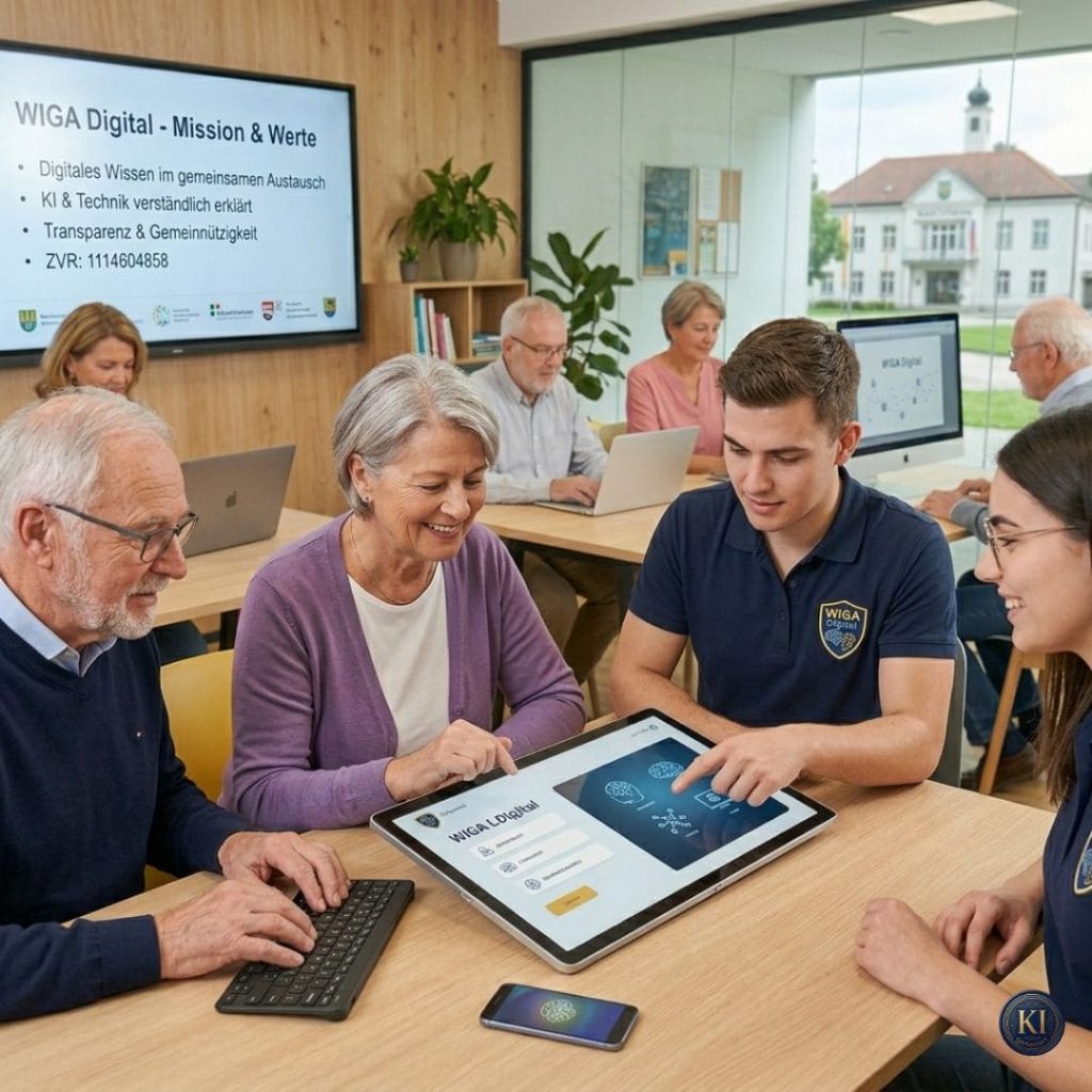 Verein Wiga Digital:
Mehrere Menschen unterschiedlicher Generationen sitzen in einem modernen Schulungsraum von WIGA Digital und arbeiten gemeinsam an digitalen Geräten. Im Vordergrund erklärt ein junger Trainer einer älteren Frau die Bedienung eines großen Touchscreens mit KI-Anwendungen, während weitere Teilnehmer mit Laptops arbeiten. Auf einem Bildschirm im Hintergrund stehen die Werte von WIGA Digital: digitales Wissen, verständliche KI-Technik, Transparenz und Gemeinnützigkeit.