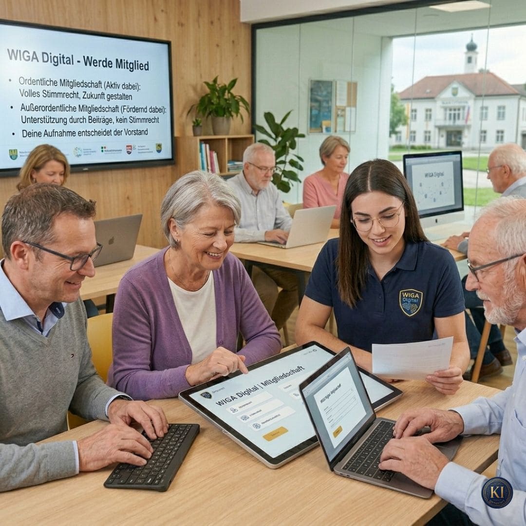 Menschen verschiedener Generationen sitzen gemeinsam in einem modernen Seminarraum von WIGA Digital und informieren sich über eine Mitgliedschaft im Verein. Eine junge Mitarbeiterin erklärt Unterlagen, während ältere Teilnehmer mit Tablets und Laptops arbeiten. Auf einem Bildschirm im Hintergrund stehen Informationen zu ordentlichen und fördernden Mitgliedschaften bei WIGA Digital.