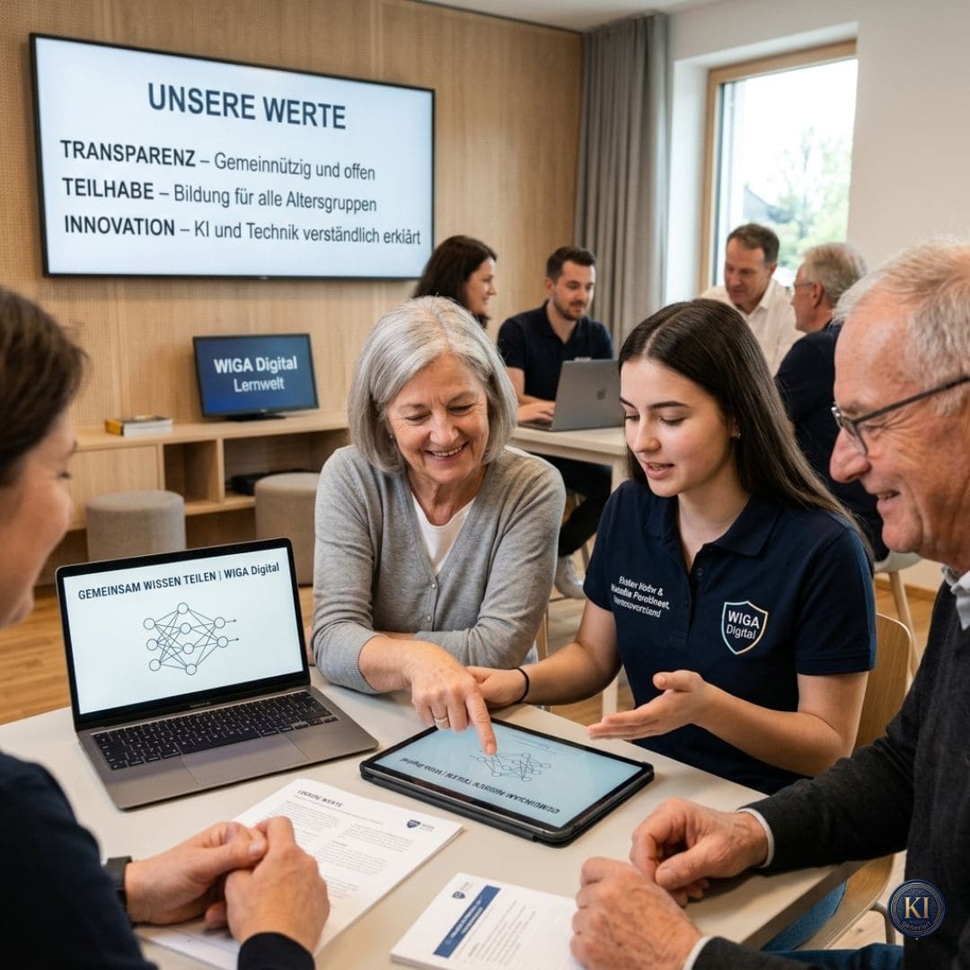 Verein Wiga Digital bei einem Treffen. Mehrere Personen unterschiedlichen Alters und Geschlechtes sitzen an verschieden Geräten wie Laptops, Tableets und PCs. An der Wand hängt ein Screen, der die Werte des Vereins zeigt.