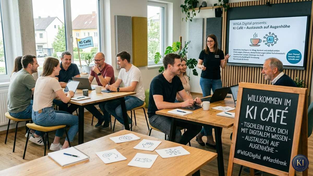 Mehrere Menschen sitzen in entspannter Atmosphäre beim WIGA Digital KI Café zusammen und tauschen sich über digitale Themen und künstliche Intelligenz aus. Eine Moderatorin präsentiert Inhalte auf einem großen Bildschirm, während Gruppen an Tischen diskutieren und mit Laptops arbeiten. Im Vordergrund steht eine Tafel mit der Aufschrift „Willkommen im KI Café – Austausch auf Augenhöhe“.