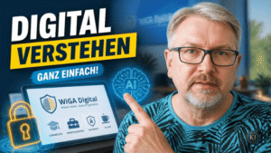 Porträt von Dieter Hofer mit Brille, der auf ein leuchtendes KI-Symbol zeigt. Daneben ist ein Bildschirm mit der WIGA Digital Plattform und digitalen Lernsymbolen sichtbar. Der Text „Digital verstehen – ganz einfach!“ vermittelt verständliche digitale Bildung und einfachen Zugang zu künstlicher Intelligenz und Online-Lernen.