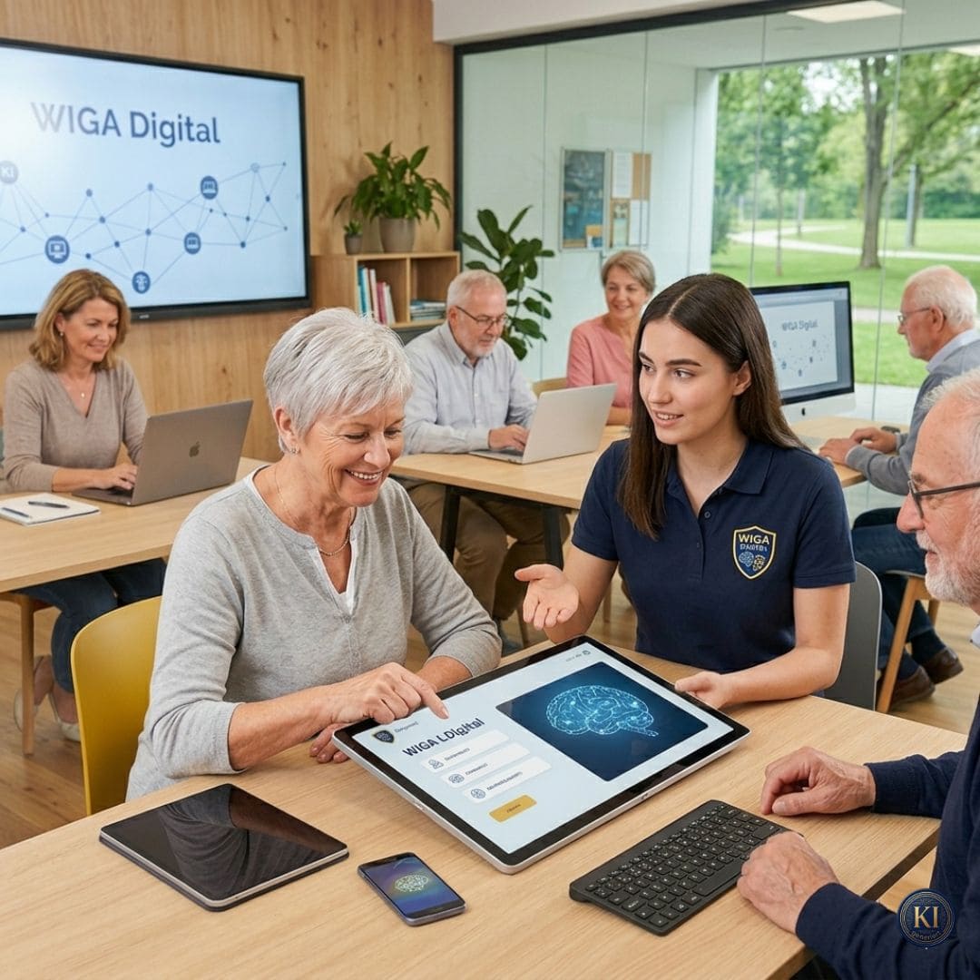 Wiga Digital Verein für Digitale Bildung & KI - Dieter Hofer
Menschen verschiedener Generationen lernen gemeinsam in einem modernen Schulungsraum von WIGA Digital. Eine junge Trainerin erklärt einer älteren Frau die Nutzung einer KI-Anwendung auf einem großen Touchscreen, während weitere Teilnehmer mit Laptops und Tablets arbeiten. Das Bild steht für digitale Bildung, generationsübergreifendes Lernen und verständliche KI-Vermittlung.