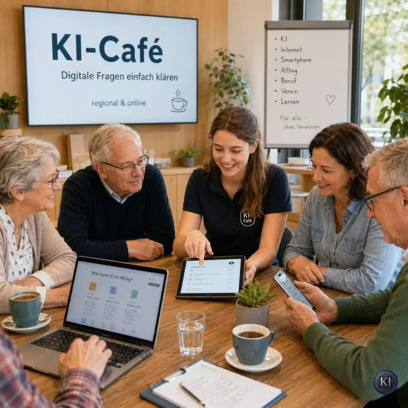 Menschen verschiedener Generationen sitzen gemeinsam in einem KI-Café und tauschen sich über digitale Themen aus. Eine junge Moderatorin erklärt auf einem Tablet digitale Anwendungen, während die Teilnehmer Fragen zu KI, Internet, Smartphones und Alltagsthemen besprechen. Das Bild steht für verständliche digitale Bildung, gemeinsames Lernen und den offenen Austausch über künstliche Intelligenz auf Augenhöhe.