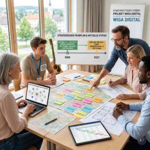 Mehrere Menschen arbeiten gemeinsam an einem Projekttisch und planen die Umsetzung des Projekts Memoria im Rahmen von WIGA Digital. Auf Karten, Plänen und digitalen Geräten werden Ideen, Standorte und Entwicklungsphasen diskutiert. Im Hintergrund zeigt eine Präsentation den strategischen Fahrplan mit aktuellen Meilensteinen und den nächsten Schritten bis zur Entwicklungs- und Testphase. Projekt Memoria