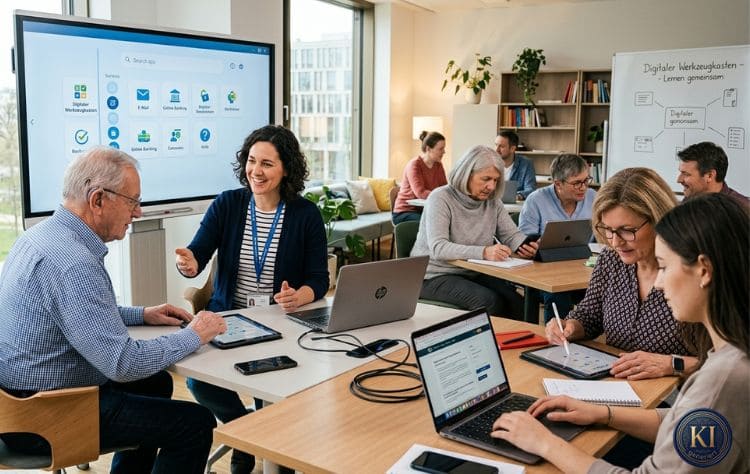Menschen verschiedener Generationen lernen gemeinsam den Umgang mit digitalen Werkzeugen in einem modernen Schulungsraum. Eine Trainerin unterstützt einen älteren Teilnehmer am Tablet, während weitere Gruppen mit Laptops, Tablets und digitalen Anwendungen arbeiten. Das Bild steht für praxisnahe digitale Weiterbildung, verständliche Technikvermittlung und gemeinsames Lernen mit dem digitalen Werkzeugkasten.