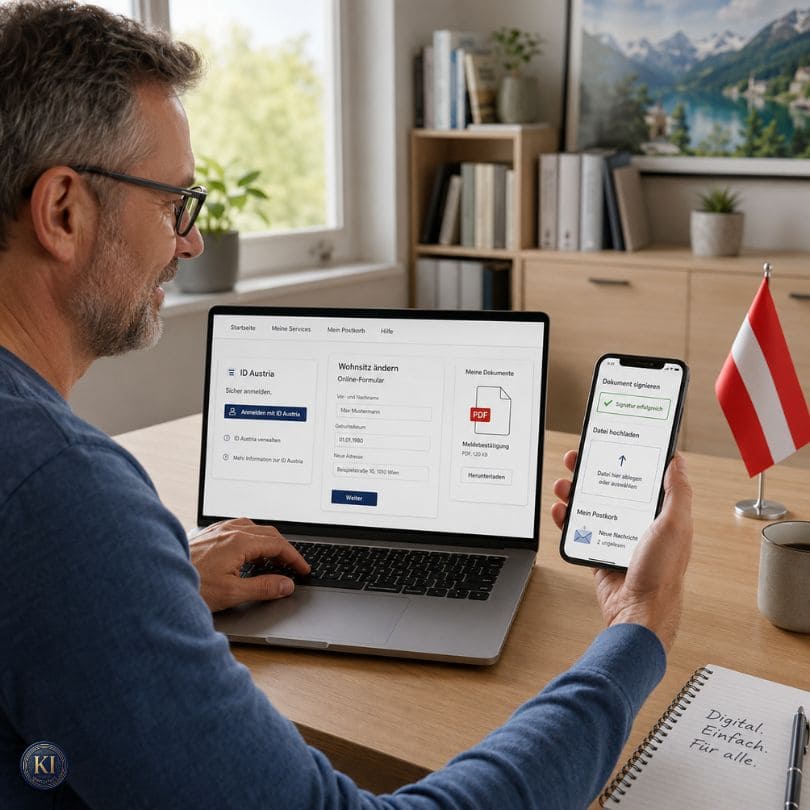 Ein Mann nutzt Laptop und Smartphone, um digitale Amtswege in Österreich zu erledigen. Auf dem Bildschirm sind Online-Formulare, Dokumentenupload und die ID Austria zu sehen. Das Bild veranschaulicht, wie Behördengänge sicher und bequem von zu Hause aus digital erledigt werden können.