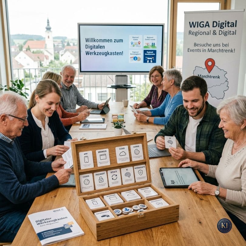 Menschen verschiedener Generationen sitzen gemeinsam am Tisch und entdecken den Digitalen Werkzeugkasten von WIGA Digital. Im Mittelpunkt steht ein Holzkoffer mit Lernkarten zu Begriffen wie App, Browser, Cloud, Cookie, Passwort und KI, während die Teilnehmer mit Tablets und digitalen Lernmaterialien arbeiten. Das Bild steht für verständliche digitale Bildung, gemeinsames Lernen und den praxisnahen Einstieg in die digitale Welt.