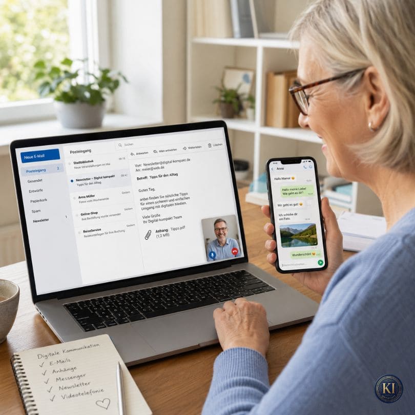 Lernwelt: Eine ältere Frau nutzt Laptop und Smartphone, um E-Mails, Messenger und Videotelefonie zu verwenden. Auf dem Bildschirm sind Posteingang, Nachrichten und ein Videoanruf zu sehen. Das Bild zeigt, wie digitale Kommunikation den Kontakt mit Familie, Freunden und wichtigen Informationen einfach und sicher ermöglicht.