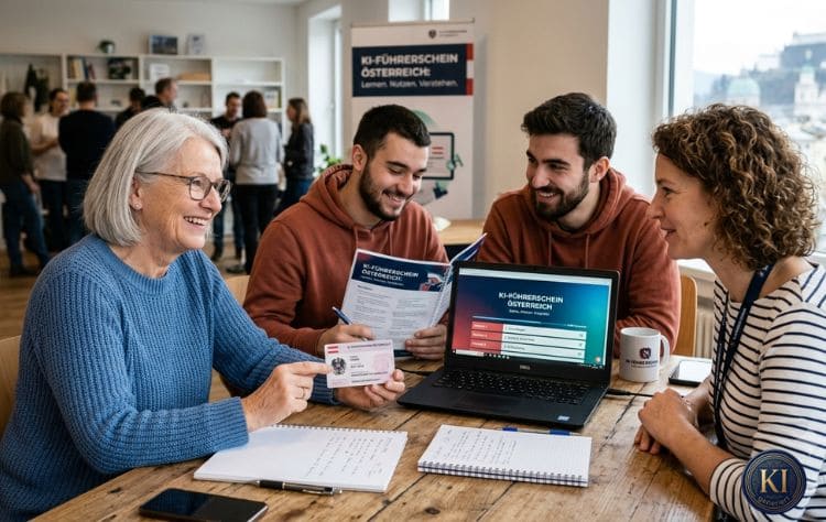 WIGA Digital KI Café: Menschen verschiedener Generationen sitzen gemeinsam an einem Tisch und lernen den sicheren Umgang mit künstlicher Intelligenz und digitalen Anwendungen. Eine ältere Frau zeigt stolz ihren KI-Führerschein, während weitere Teilnehmer Informationen besprechen und an einem Laptop mit der Lernplattform arbeiten. Das Bild steht für gemeinsames Lernen, digitale Kompetenzen und den generationenübergreifenden Austausch im Rahmen des KI-Führerscheins Österreich.