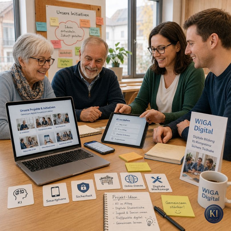 Vier Menschen unterschiedlichen Alters entwickeln gemeinsam Ideen für digitale Bildungsprojekte. Auf Laptop und Tablet werden Initiativen rund um KI, Smartphone, Sicherheit und digitale Werkzeuge vorgestellt. Das Bild zeigt, wie WIGA Digital Menschen zusammenbringt, um digitale Kompetenzen zu fördern und neue Projekte für die Gemeinschaft zu entwickeln.