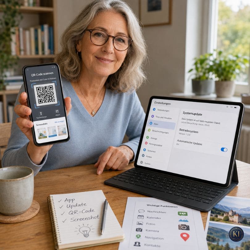 Eine Frau zeigt ein Smartphone mit einem QR-Code und nutzt daneben ein Tablet mit den Systemeinstellungen für Updates. Das Bild veranschaulicht wichtige Smartphone-Funktionen wie Apps, QR-Codes, Screenshots und Software-Updates – verständlich erklärt für den sicheren digitalen Alltag.
