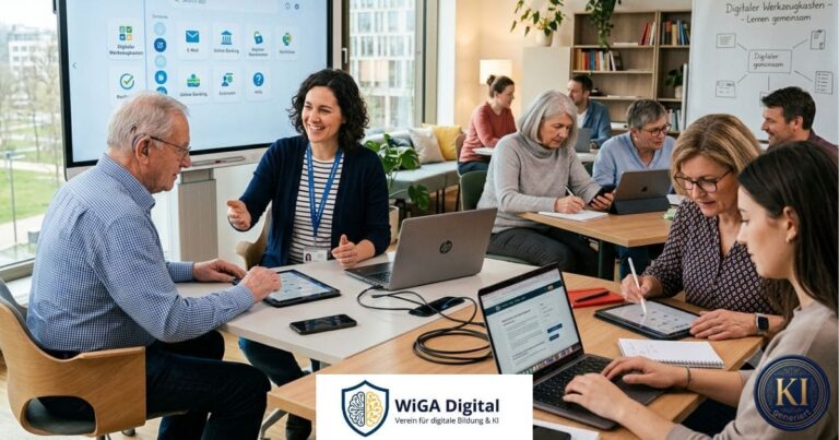 Menschen verschiedener Generationen arbeiten gemeinsam in einem modernen Schulungsraum von WIGA Digital an Tablets, Laptops und digitalen Anwendungen. Eine Trainerin unterstützt einen älteren Teilnehmer persönlich, während weitere Gruppen digitale Werkzeuge kennenlernen und gemeinsam üben. Das Bild steht für digitale Bildung, praxisnahes Lernen, generationsübergreifenden Wissensaustausch und verständliche Vermittlung von KI und digitalen Kompetenzen.