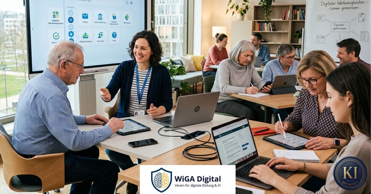 Menschen verschiedener Generationen arbeiten gemeinsam in einem modernen Schulungsraum von WIGA Digital an Tablets, Laptops und digitalen Anwendungen. Eine Trainerin unterstützt einen älteren Teilnehmer persönlich, während weitere Gruppen digitale Werkzeuge kennenlernen und gemeinsam üben. Das Bild steht für digitale Bildung, praxisnahes Lernen, generationsübergreifenden Wissensaustausch und verständliche Vermittlung von KI und digitalen Kompetenzen.