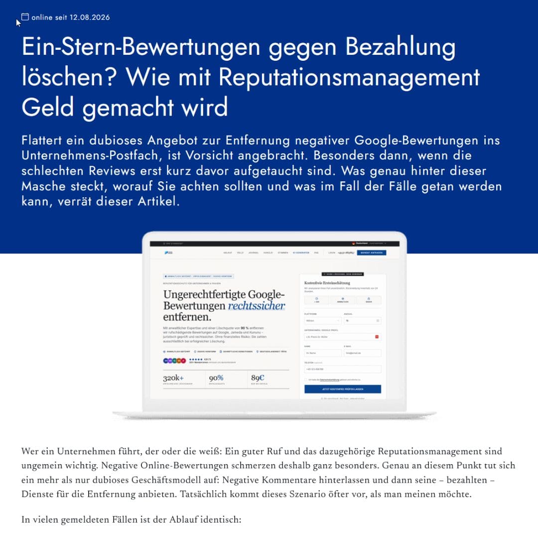 Warnung vor dubiosem Reputationsmanagement und Angeboten, negative Google-Bewertungen gegen Bezahlung entfernen zu lassen. Die Grafik zeigt einen Artikel über mögliche betrügerische Methoden, bei denen schlechte Bewertungen gezielt erzeugt und anschließend kostenpflichtige Löschdienste angeboten werden.