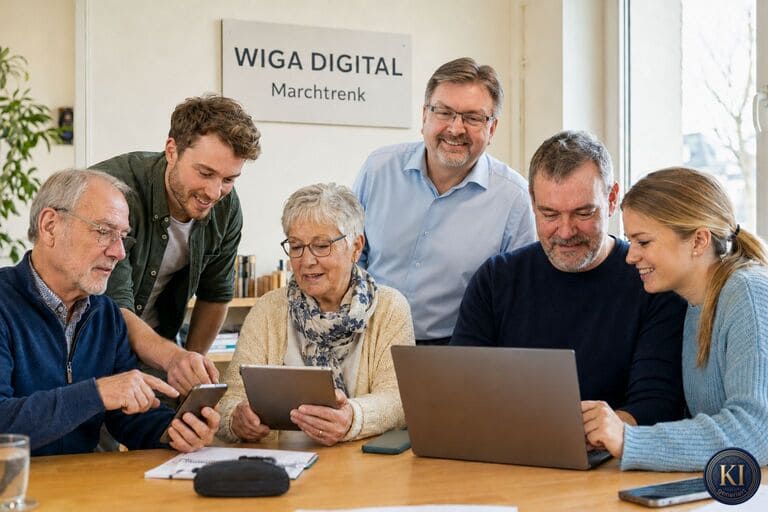 Sechs Menschen verschiedener Generationen arbeiten gemeinsam mit Laptop, Tablet und Smartphone in den Räumen von WIGA Digital in Marchtrenk. Sie unterstützen sich gegenseitig beim Lernen und Ausprobieren digitaler Anwendungen. Das Bild steht für generationenübergreifende digitale Bildung, gemeinsames Lernen und praktische Hilfe im digitalen Alltag. WIGA KI Cafe Marchtrenk