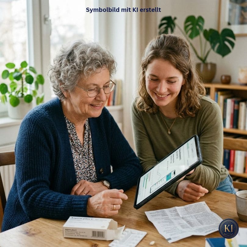 Eine ältere Frau sitzt mit einer jüngeren Frau an einem Tisch und betrachtet gemeinsam mit ihr Gesundheitsinformationen auf einem Tablet. Auf dem Tisch liegen ein Medikament, Tabletten und medizinische Unterlagen. Das Bild symbolisiert digitale Unterstützung beim Verstehen von Gesundheitsinformationen und wurde mit KI erstellt.