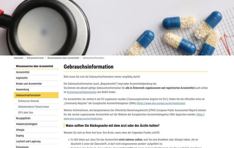Screenshot einer Informationsseite des österreichischen Bundesamts für Sicherheit im Gesundheitswesen (BASG) zum Thema Gebrauchsinformationen und Beipackzettel von Arzneimitteln. Im oberen Bildbereich sind Medikamentenkapseln und ein Stethoskop zu sehen. Die Seite erklärt, wo Patienten offizielle Arzneimittelinformationen finden und wann ärztlicher Rat erforderlich ist.